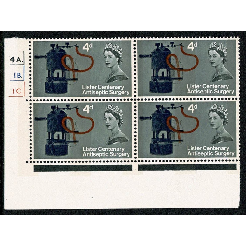 1965 Lister 4d. (phos) Cyl. 4A 1B 1C dot block of four.