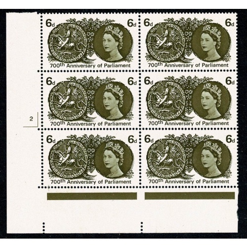 1965 700th Anniversary of Parliament 6d (ord). Cyl. 2 no dot block of six. SG 663