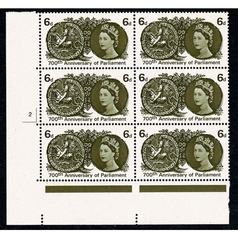 1965 700th Anniversary of Parliament 6d (ord). Cyl. 2 no dot block of six. SG 663