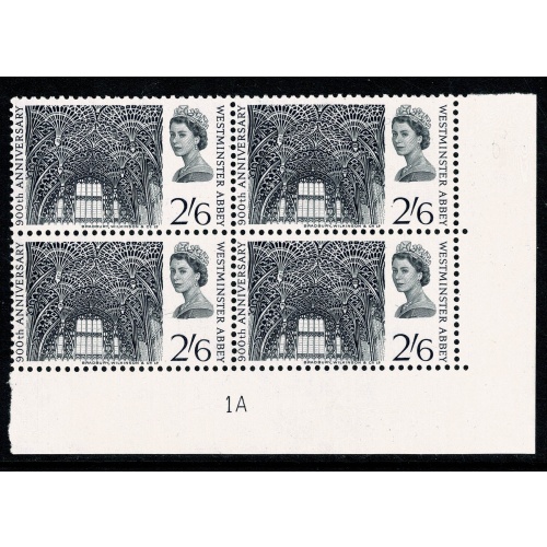 1966 Abbey (ord).  2/6. Plate 1A block of 4. Perf. Type A (E/I)