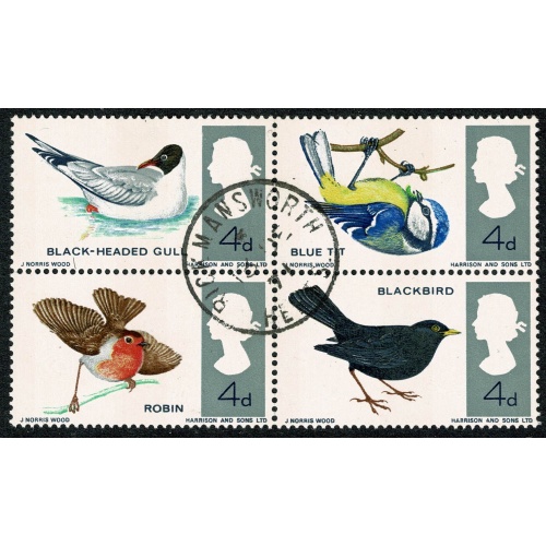 1966 Birds 4d (phos). Se-tenant block of four. Fine Used. SG 696p-699p.