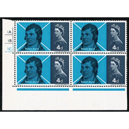 1966 Burns 4d. (ord) Cyl. 1A 1B 1C dot block of four.