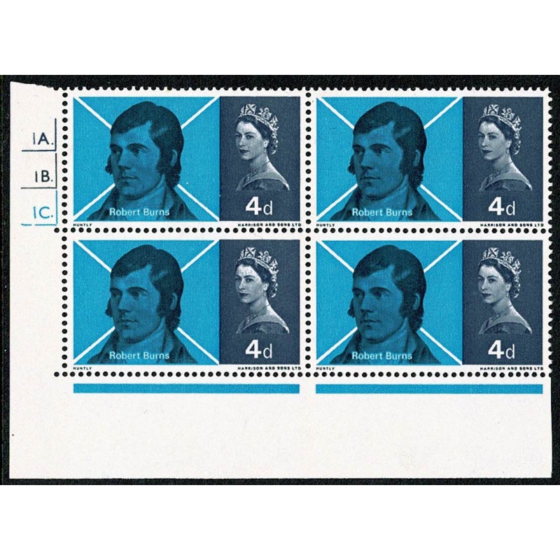 1966 Burns 4d. (ord) Cyl. 1A 1B 1C dot block of four.