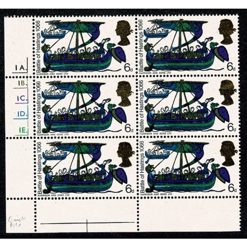1966 Hastings 6d (ord). Cyl 1A 1B 1C 1D 1E dot  block of 6. (yellow gold head)
