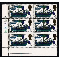 1966 Hastings 6d (phos). Cyl 1A 1B 1C 1D 1E dot  block of 6. (yellow gold head)