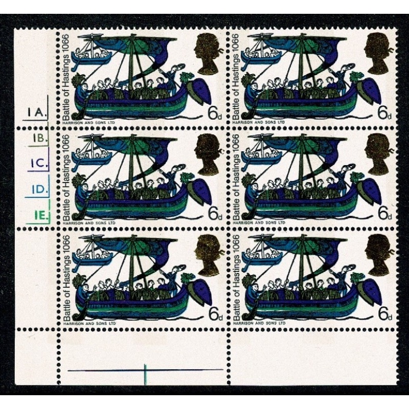 1966 Hastings 6d (phos). Cyl 1A 1B 1C 1D 1E dot  block of 6. (yellow gold head)
