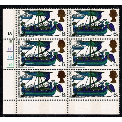 1966 Hastings 6d (phos). Cyl 1A 1B 1C 1D 1E no dot  block of 6. (bronze gold head)