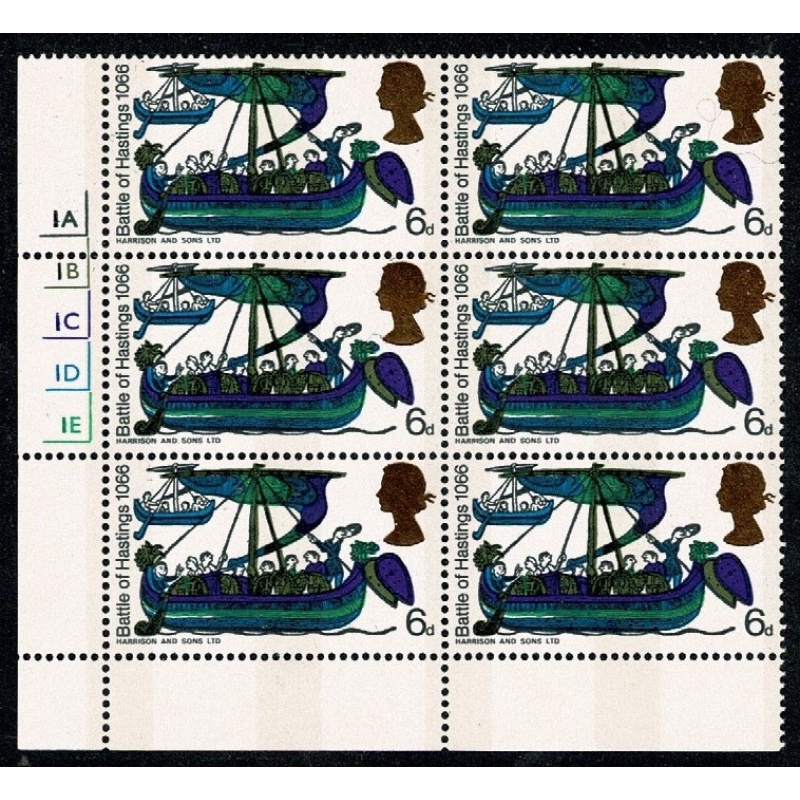 1966 Hastings 6d (phos). Cyl 1A 1B 1C 1D 1E no dot  block of 6. (bronze gold head)