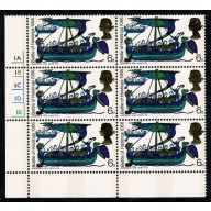 1966 Hastings 6d (phos). Cyl 1A 1B 1C 1D 1E no dot  block of 6. (yellow gold head)