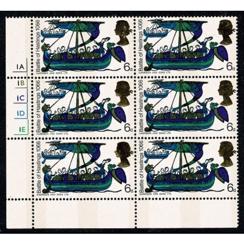 1966 Hastings 6d (phos). Cyl 1A 1B 1C 1D 1E no dot  block of 6. (yellow gold head)