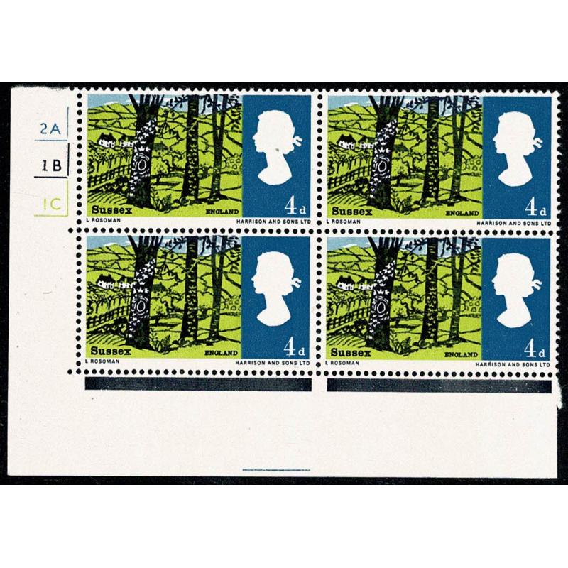 1966 Landscapes 4d (ord). Cylinder 2A 1B 1C (greener shade) no dot block of four.