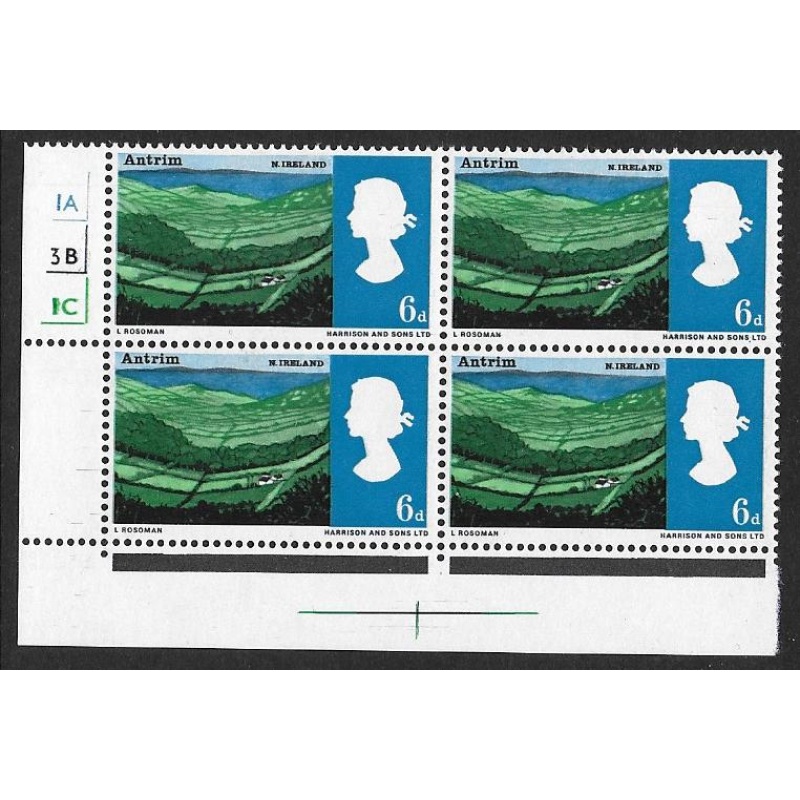 1966 Landscapes 6d (ord). Cylinder 1A 3B 1C no dot block of four.