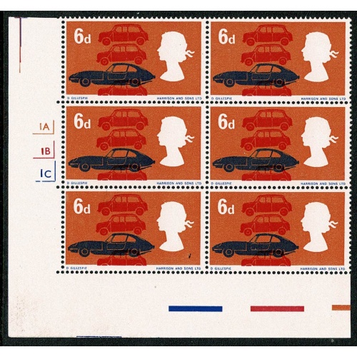 1966 Technology 6d (ord). Cyl. 1A 1B 1C no dot block of six.