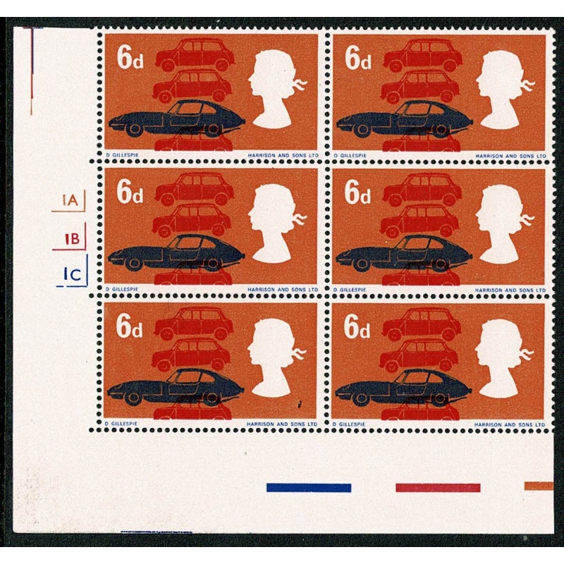 1966 Technology 6d (ord). Cyl. 1A 1B 1C no dot block of six.