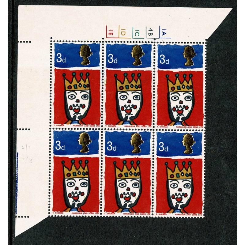 1966 Christmas 3d (ord). Cyl. 1A 4B 1C 1D 1E no dot block of six.