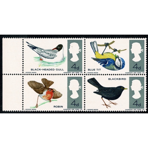 1966 Birds 4d (ord). Listed varieties "small black dot on gull's wing"  and "red dot between blackbird's claws SG 696/99 var