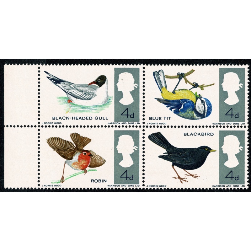 1966 Birds 4d (ord). Listed varieties "small black dot on gull's wing"  and "red dot between blackbird's claws SG 696/99 var