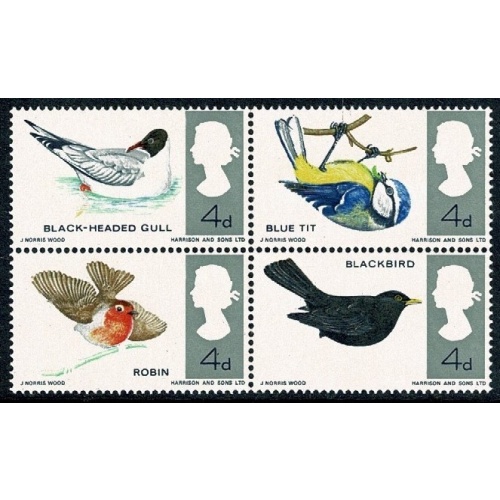 1966 Birds 4d (ord). MISSING REDDISH BROWN. Unmounted folded block. SG 698/699j