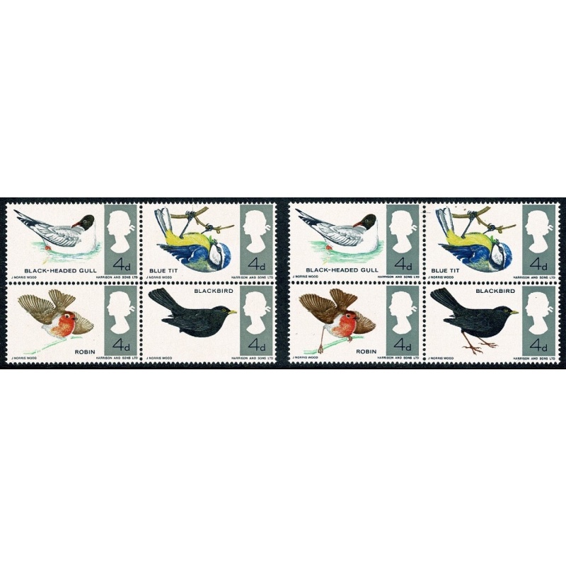 1966 Birds 4d (ord). MISSING REDDISH BROWN. Unmounted folded block. SG 698/699j