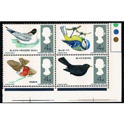 1966 Birds 4d (phos). MISSING REDDISH BROWN. Traffic light block. SG 698/99pj