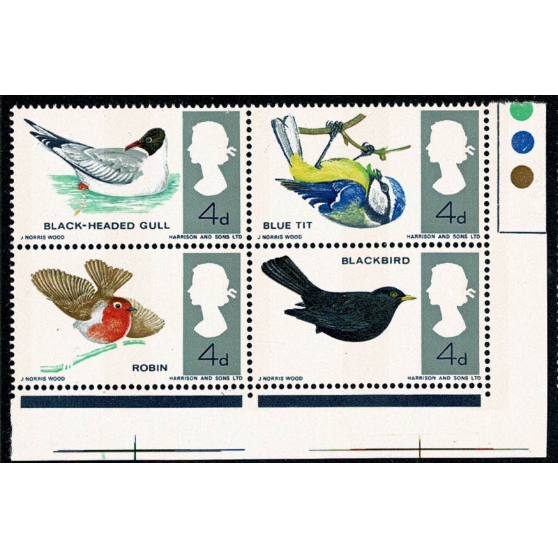 1966 Birds 4d (phos). MISSING REDDISH BROWN. Traffic light block. SG 698/99pj