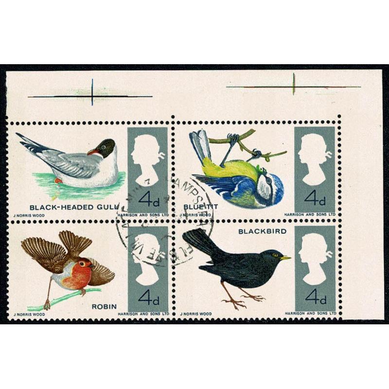 1966 Birds 4d (phos). Very Fine Used  corner marginal block SG 696p-699p