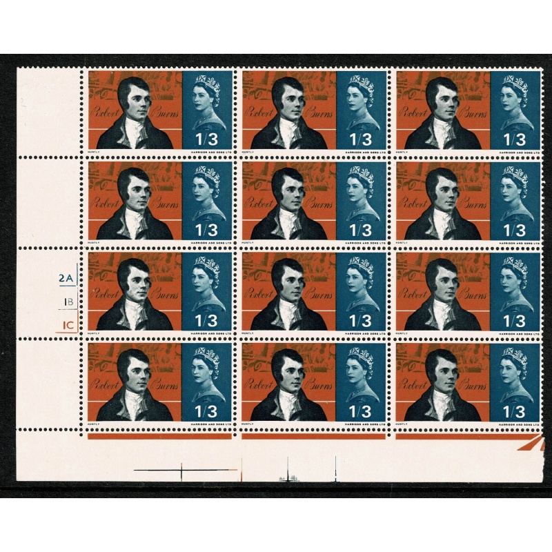1966 Burns 1/3 (ord). Cyl. 2A 1B 1C no dot block of 12. Perf. Type F  (P/E)
