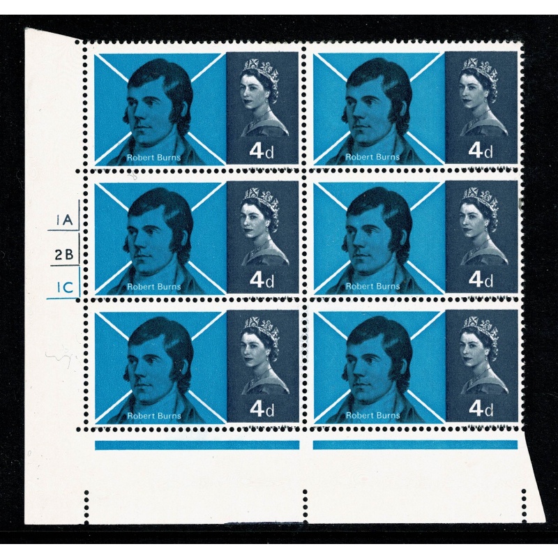 1966 Burns 4d (ord). Cyl. 1A 1B 1C  no dot block of six. SG 685