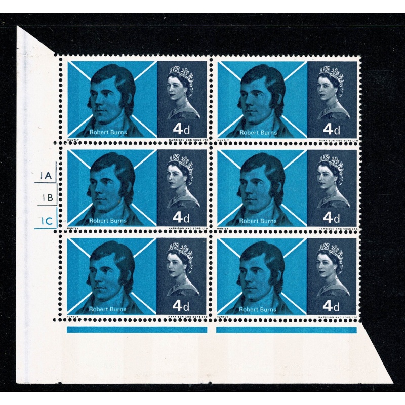 1966 Burns 4d (phos). Cyl. 1A 1B 1C  no dot block of six. SG 685p