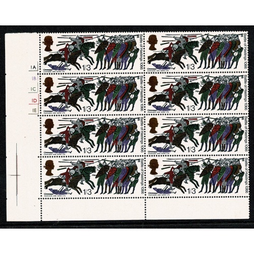 1966 Battle of Hastings 1/3 (ord). Cylinder 1A 1B 1C 1D 1E no dot block of eight with listed variety.SG 712