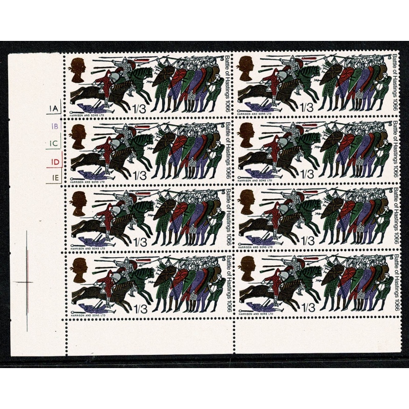 1966 Battle of Hastings 1/3 (ord). Cylinder 1A 1B 1C 1D 1E no dot block of eight with listed variety.SG 712
