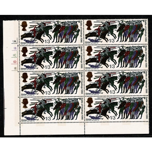 1966 Battle of Hastings 1/3 (phos). Cylinder 1A 1B 1C 1D 1E no dot block of eight with listed variety.SG 712p