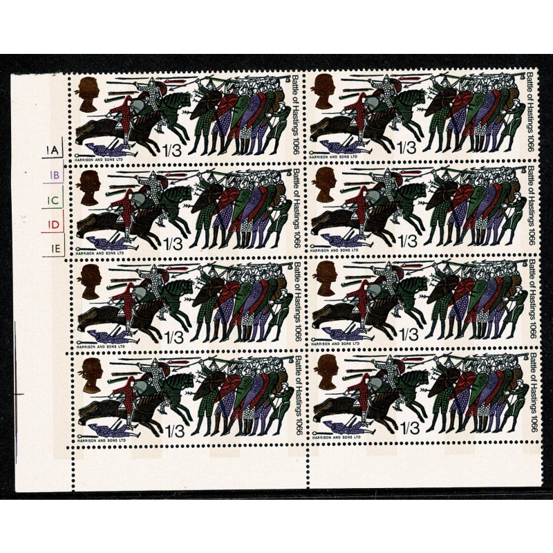 1966 Battle of Hastings 1/3 (phos). Cylinder 1A 1B 1C 1D 1E no dot block of eight with listed variety.SG 712p