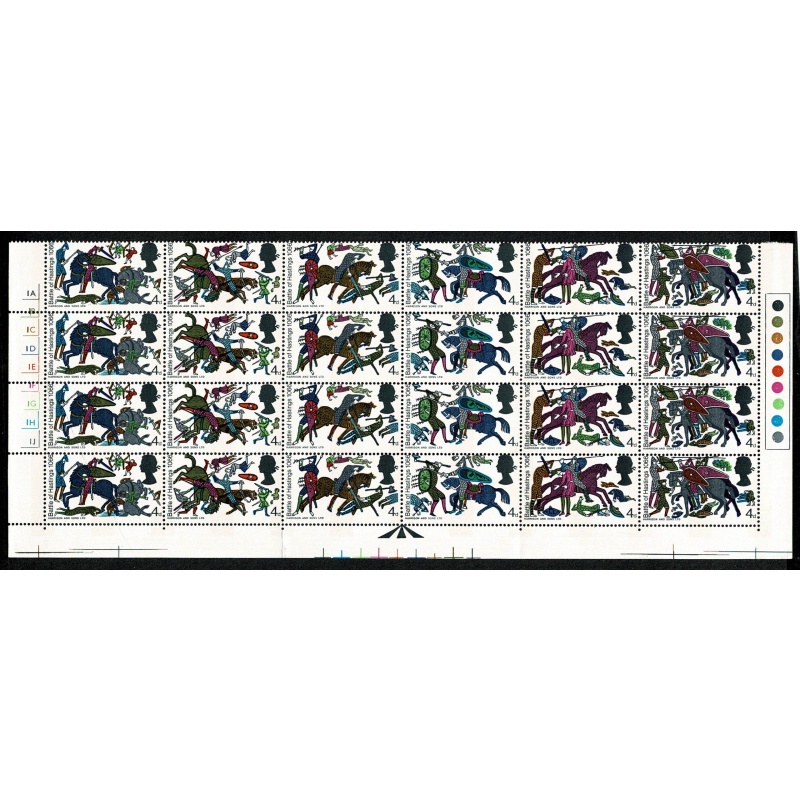 1966 Battle of Hastings 4d (phos). Cylinder 1A 1B 1C 1D 1E 1F 1G 1H 1J no dot block of 24. SG 705p-710p1p
