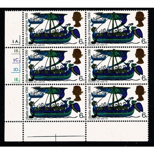 1966 Hastings 6d (ord). Cyl 1A 1B 1C 1D 1E dot  block of 6. (bronze gold head)