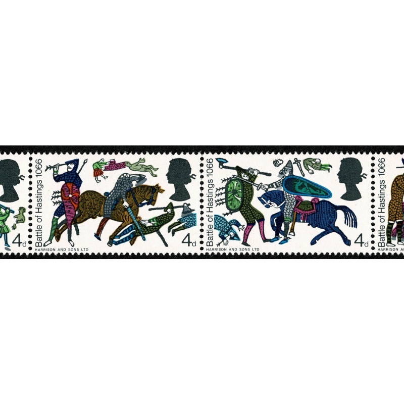 1966 Battle of Hastings (ord).  4d s/t strip SHIFT OF GREY. SG 705-712 var