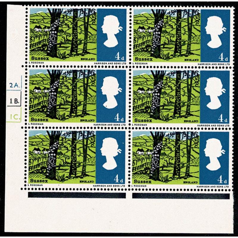 1966 Landscapes 4d (ord). Cylinder 2A 1B 1C (greener shade) dot block of six.