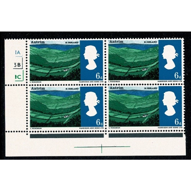 1966 Landscapes 6d (ord). Cylinder 1A 3B 1C no dot block of four. SG 690