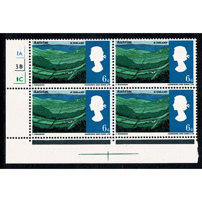 1966 Landscapes 6d (ord). Cylinder 1A 3B 1C no dot block of four. SG 690