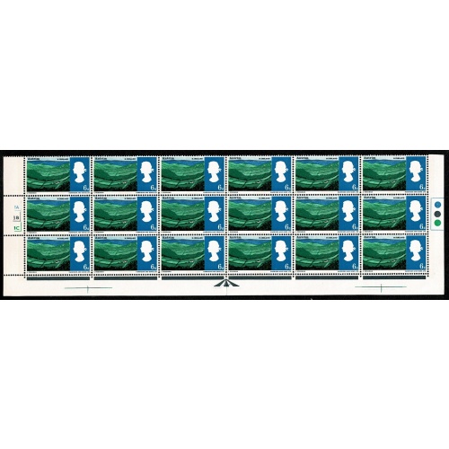 1966 Landscapes 6d (phos). Cylinder 1A 3B 1C no dot block of 18. Contians listed flaw. SG 690p
