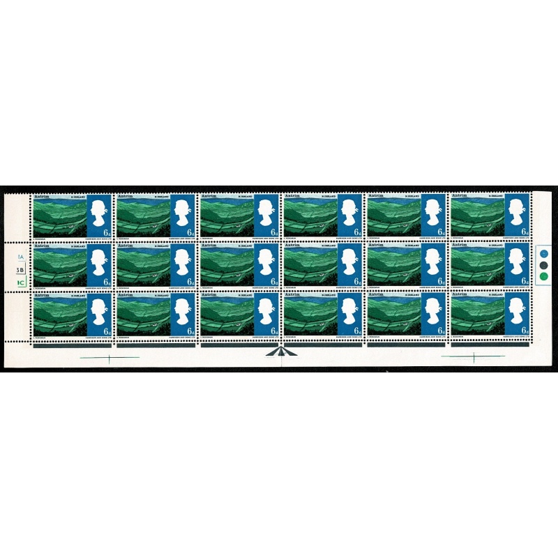 1966 Landscapes 6d (phos). Cylinder 1A 3B 1C no dot block of 18. Contians listed flaw. SG 690p