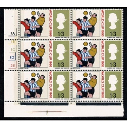 1966 World Cup 1/3 (phos). Cyl.  1A 1B 1C 1D 2E no dot block of six. With listed variety and small blue shift.