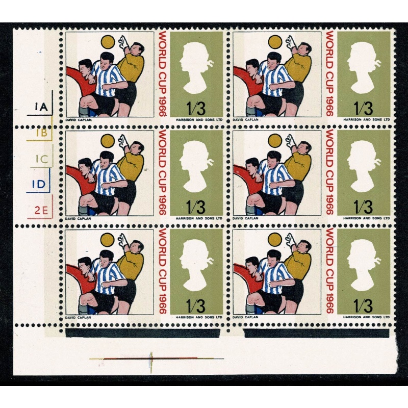 1966 World Cup 1/3 (phos). Cyl.  1A 1B 1C 1D 2E no dot block of six. With listed variety and small blue shift.
