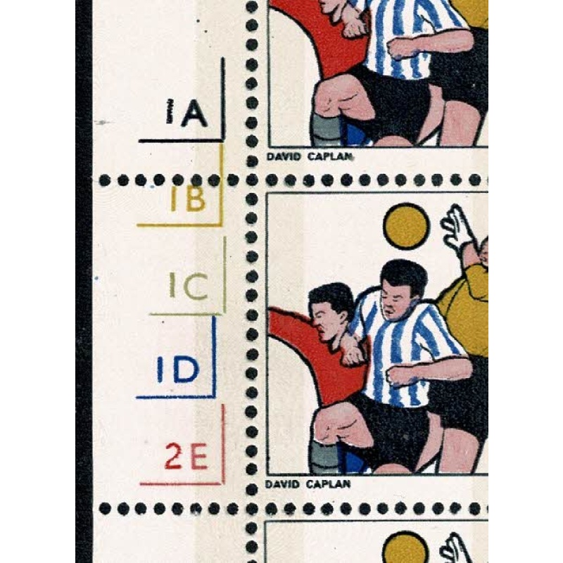 1966 World Cup 1/3 (phos). Cyl.  1A 1B 1C 1D 2E no dot block of six. With listed variety and small blue shift.