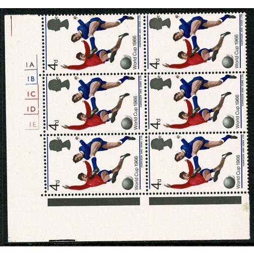 1966 World Cup 4d (ord). Cyl. 1A 1B 1C 1D 1E no dot block of six