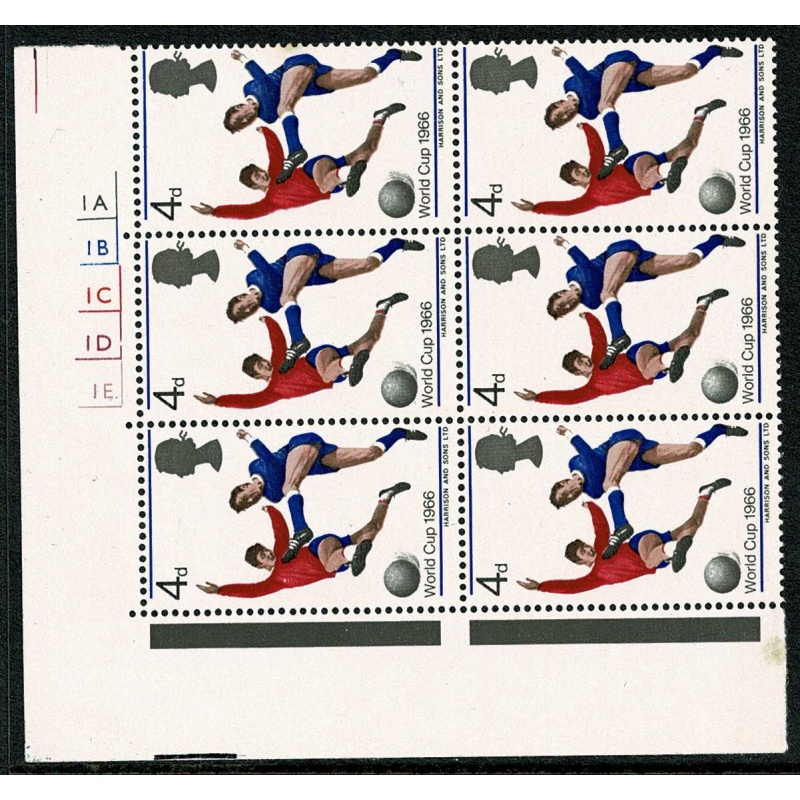 1966 World Cup 4d (ord). Cyl. 1A 1B 1C 1D 1E no dot block of six