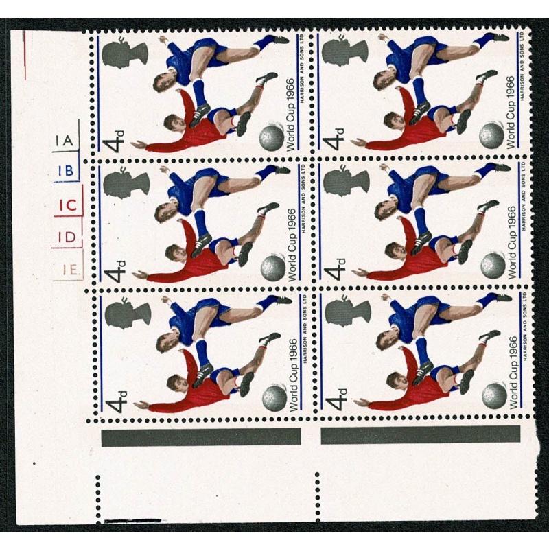 1966 World Cup 4d (phos). Cyl. 1A 1B 1C 1D 1E no dot block of six