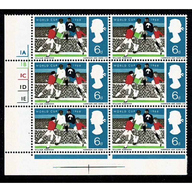 1966 World Cup 6d (ordinary) . Cyl. 1A 1B 1C 1D 1E no dot block of six