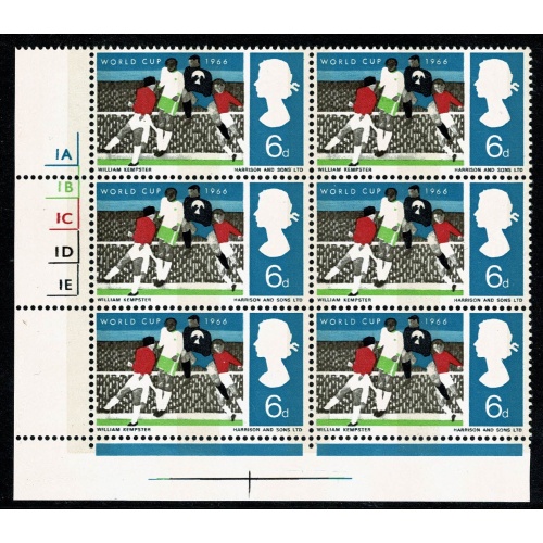 1966 World Cup 6d (phos). Cyl.  1A 1B 1C 1D 1E no dot block of six.