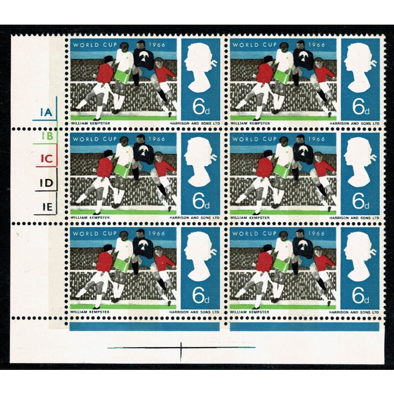1966 World Cup 6d (phos). Cyl.  1A 1B 1C 1D 1E no dot block of six.